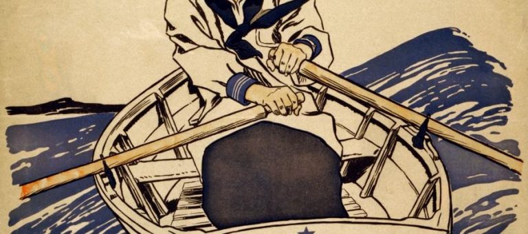Sailor rowing a small boat on choppy water.