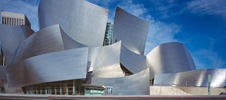 Walt Disney Concert Hall's exterior, showcasing its unique stainless steel architecture.