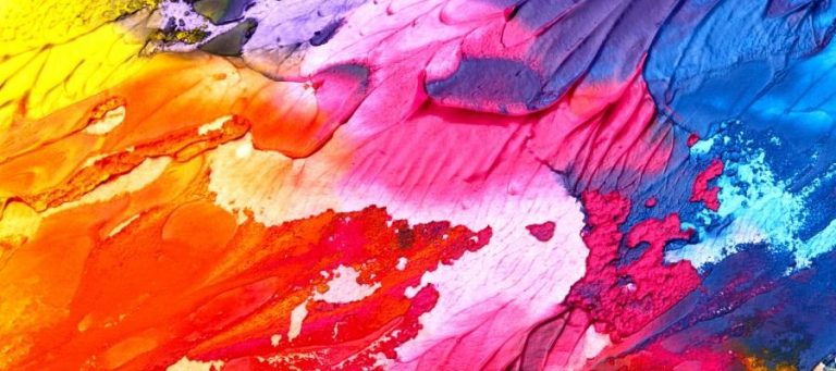 Abstract painting in vibrant hues of pink, orange, blue, and purple.