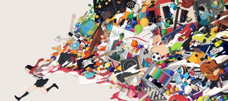 Abstract art depicting a running girl escaping a chaotic explosion of objects; suggesting overwhelming stimuli and the complexities of evolutionary psychology.