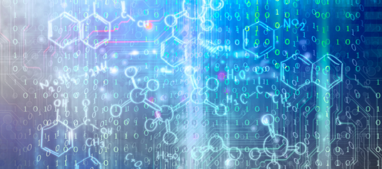 Abstract image showing molecular structures and binary code, representing the intersection of science and design.