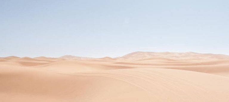 Vast, undulating sand dunes under a pale blue sky. A sense of emptiness and vastness.