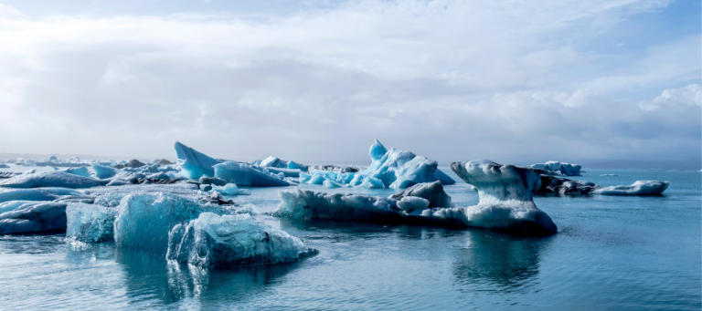 Glacial icebergs floating in a calm blue ocean.