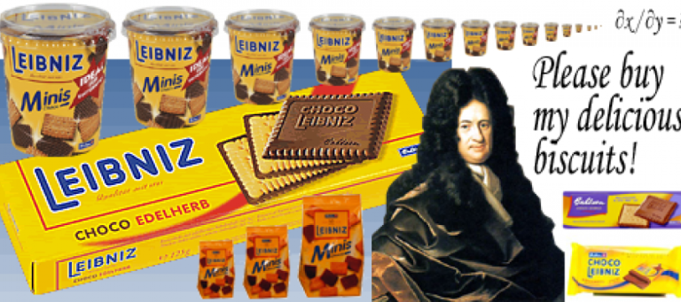 Gottfried Wilhelm Leibniz, portrait with Leibniz biscuits; "Please buy my delicious biscuits!