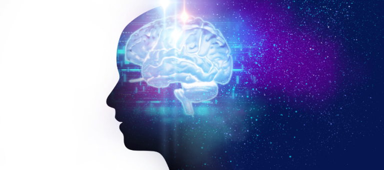 Silhouette of a head with a glowing brain, representing intelligence and consciousness.