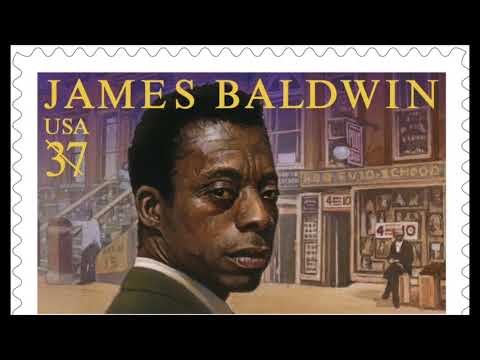 James Baldwin US postage stamp, depicting a portrait of the author against a city street backdrop.