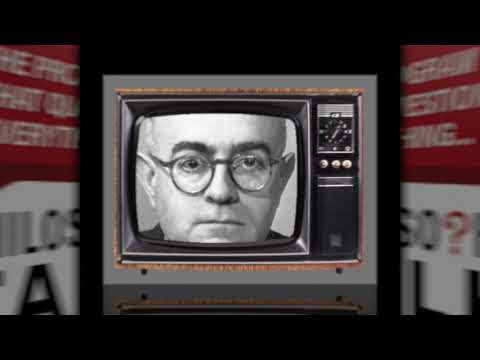 Black and white photo of Theodor Adorno on a vintage television screen. Culture Industry.