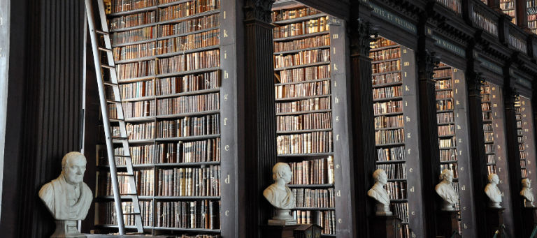 Long library shelves filled with antique books; busts adorn the base of the shelves.