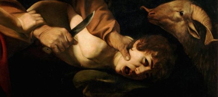 A painting depicting a sacrifice; a man holds a knife to a boy's throat while a ram looks on.