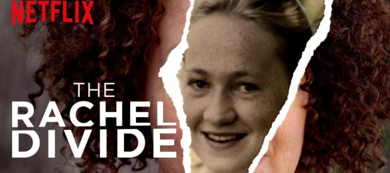 Split image of a young woman, past and present, for Netflix's "The Rachel Divide".