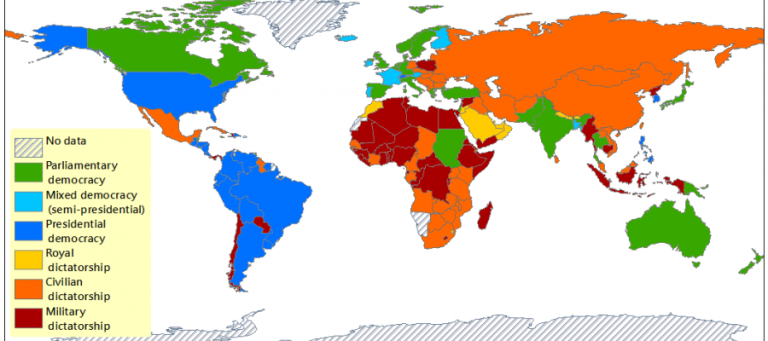 World map showing different forms of government.