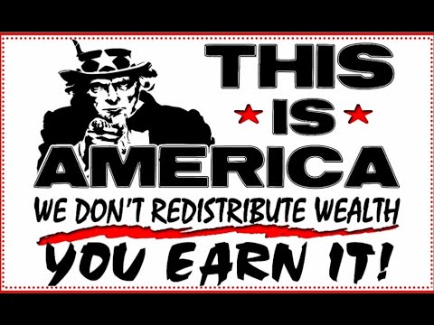 Uncle Sam points, declaring "This is America. We don't redistribute wealth. You earn it!" Meritocracy.