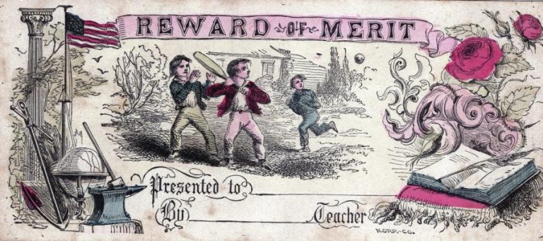 Reward of Merit certificate with boys playing baseball, "Presented to" and "Teacher" text visible.