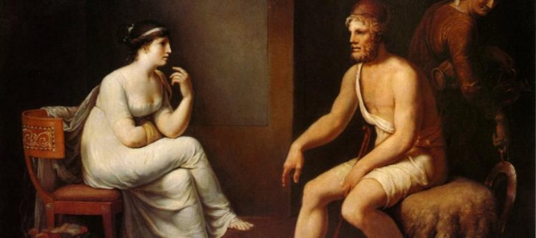 Painting of Socrates and a woman, possibly depicting a philosophical discussion.