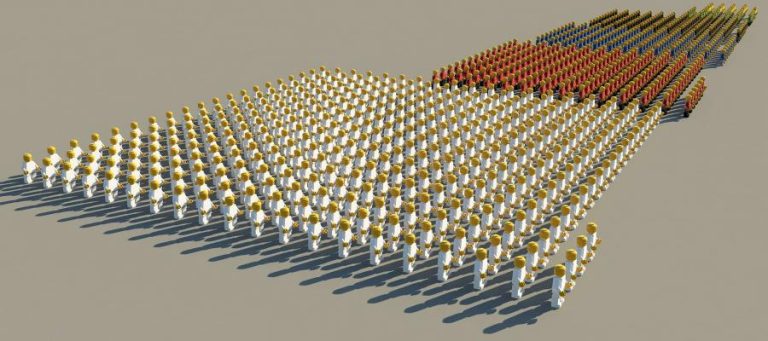 Abstract representation of a large group of people, diverging into smaller groups. Illustrates social media fragmentation.