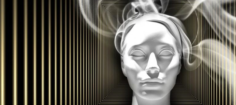 Serene face, eyes closed, surrounded by ethereal smoke and gold lines.
