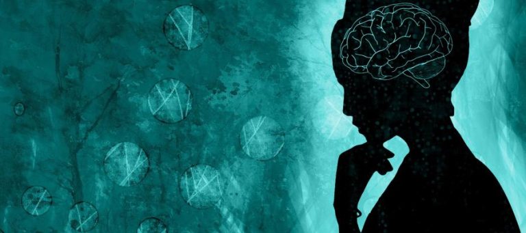 Silhouette of a person in thought, brain superimposed; teal background.