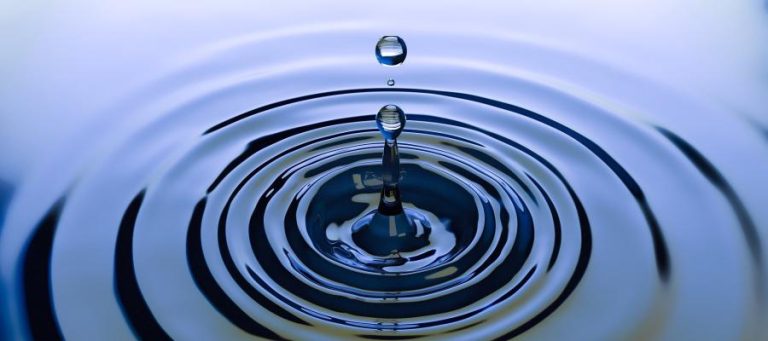Water droplet creating concentric ripples on a still surface.