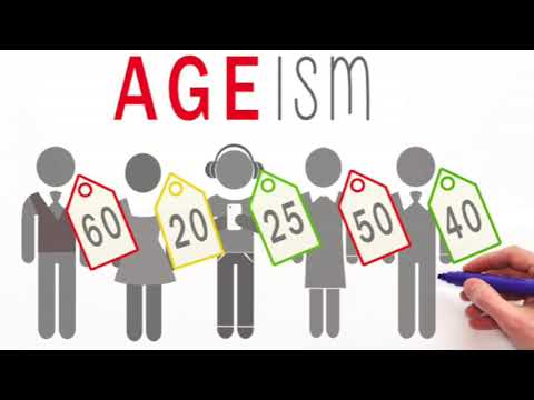 Graphic depicting ageism with figures labeled with ages 20, 25, 40, 50, and 60.