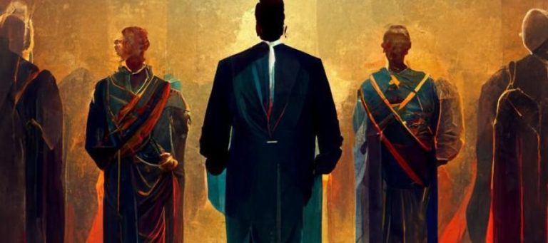 A man in a suit stands before a group of robed figures, questioning whether good people make good leaders.