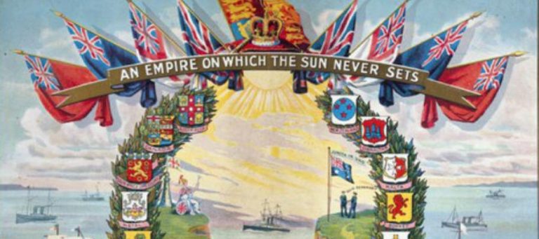 Vintage illustration of the British Empire, showcasing various flags and coats of arms. "An Empire on Which the Sun Never Sets" banner is prominent.