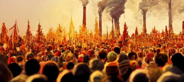 A large crowd of people stands before industrial smokestacks, questioning if good people make good leaders.