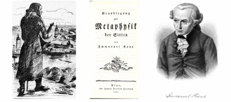 Collage: illustration of a man with a lantern, title page of Kant's *Groundwork of the Metaphysics of Morals*, and portrait of Immanuel Kant.