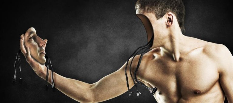 Man holding a detached face, exploring the concept of identity and leadership.