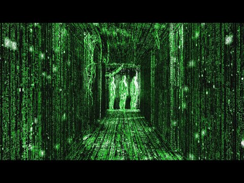 Green digital rain falling in a corridor, simulating the Matrix.