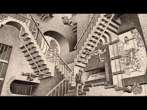 Penrose stairs impossible world lithograph; surreal architecture with figures.