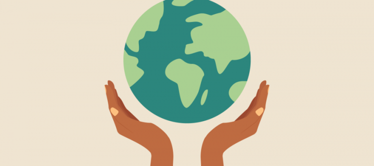 Two hands gently cradling the Earth.