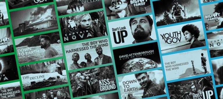 Montage of documentary film titles, including "Don't Look Up" and "Down to Earth.