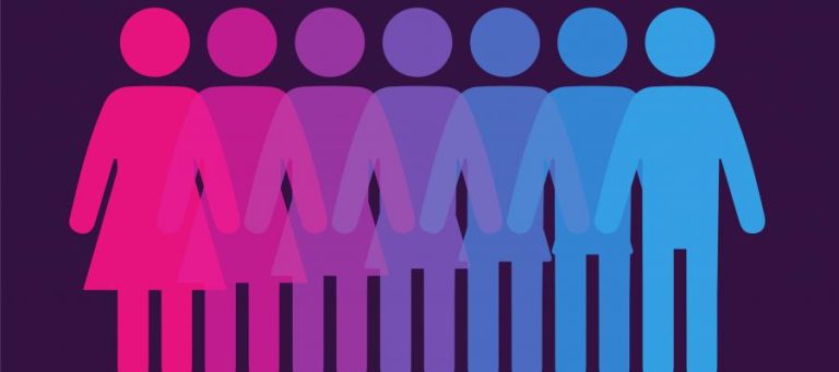 Silhouette figures transitioning from pink to blue, representing a spectrum of identities.