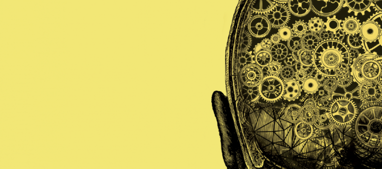 Intricate clockwork gears inside a head, symbolizing complex thought processes.