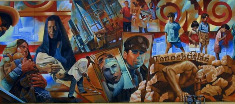 Vibrant mural depicting historical figures and scenes, reflecting on a lost republic. "Tenochtitlan" is visible.