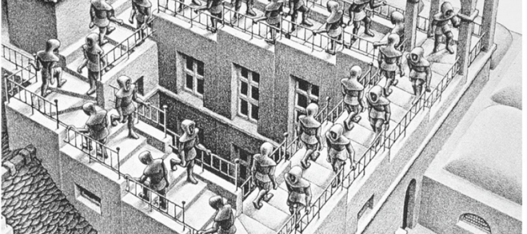 Ascending and descending figures in a seemingly impossible staircase, a visual paradox.