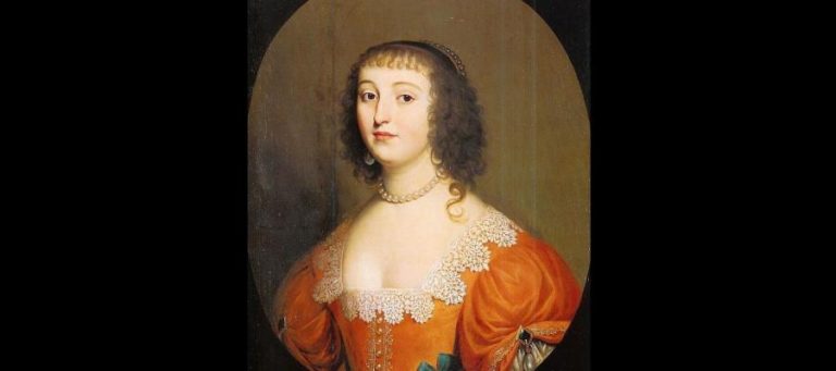 Portrait of a 17th-century woman in an orange gown, wearing pearls.