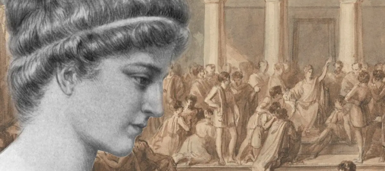 A woman's profile, reminiscent of classical sculpture, juxtaposed with a sepia-toned depiction of a tumultuous Roman assembly. Farewell to the Republic?