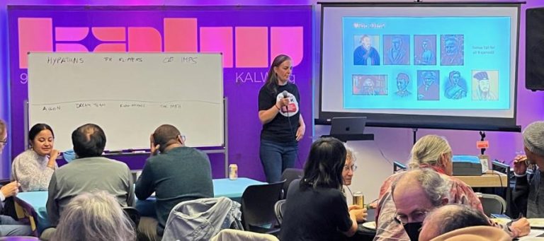 Group discussion at Kalw, whiteboard shows "Hypatians, FX Slippers, CRT IMPs," a presenter discusses "Marx the Moralist?