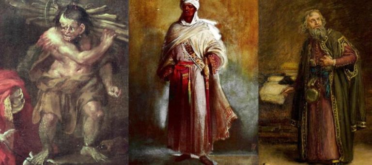 Triptych of historical figures: a burdened laborer, a regal African man, and an elderly scholar.