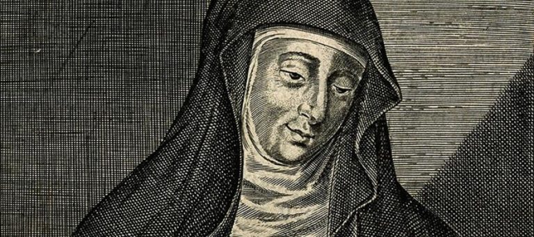 Engraving of a nun, possibly a historical figure relevant to moral philosophy.
