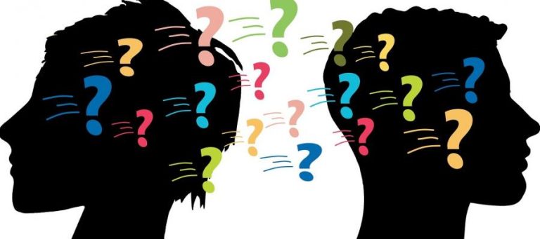 Two silhouettes with colorful question marks above their heads, representing conflicting ideas or moral dilemmas.