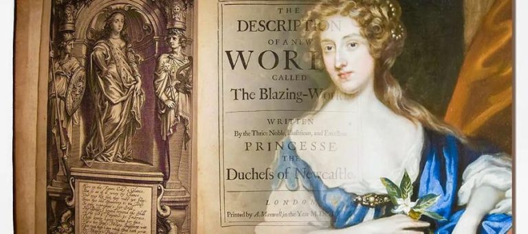 Portrait of Margaret Cavendish, Duchess of Newcastle, with title page of *The Blazing World*